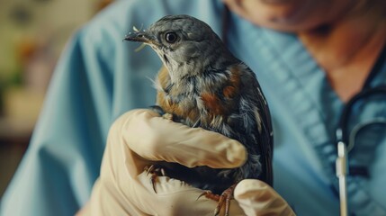 Veterinary professional examining a wounded bird
