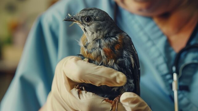 Veterinary professional examining a wounded bird