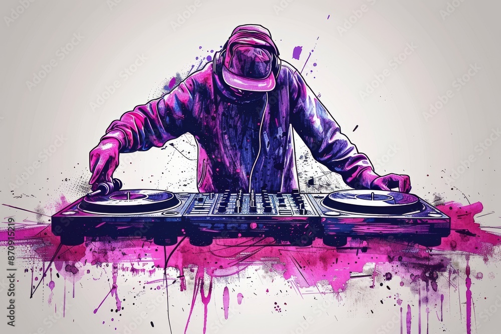Poster dj in a hoodie mixing music with vibrant splashes of color in the background creating a dynamic scen