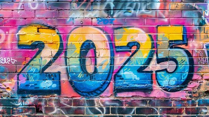 Colorful Urban Graffiti Art Featuring the Year 2025 on a Brick Wall