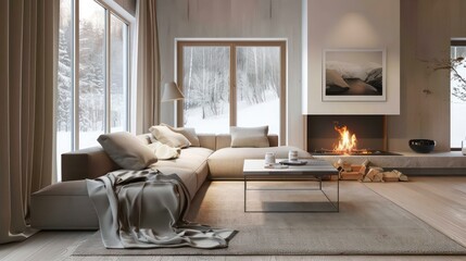 Fototapeta premium cozy living room interior, scandinavian interior with wooden table and fireplace