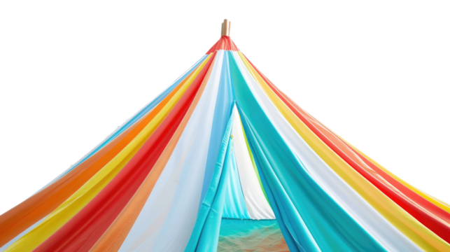 Beach tent with colorful stripes on white background or PNG