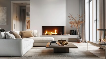 Fototapeta premium cozy living room interior, scandinavian interior with wooden table and fireplace