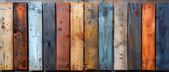  A tight shot of a weathered wooden fence Multiple board hues adorn its side One board reveals several worn holes