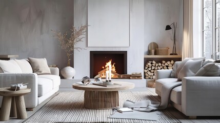 cozy living room interior, scandinavian interior with wooden table and fireplace