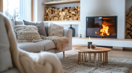Fototapeta premium cozy living room interior, scandinavian interior with wooden table and fireplace