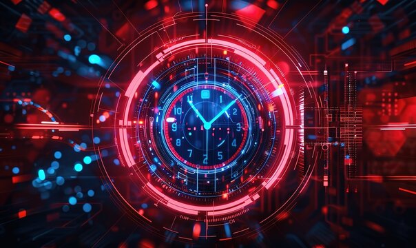 Illustration of a clock with blue and red light with a futuristic style. - Powered by Adobe