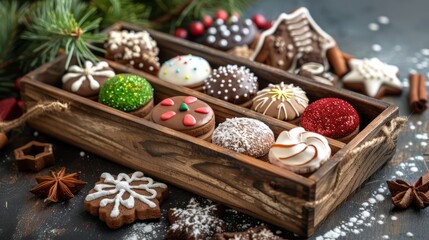 Fototapeta premium Traditional German round glazed Christmas cookies called Lebkuchen and Zimtsterne in a long wooden box. with copy space