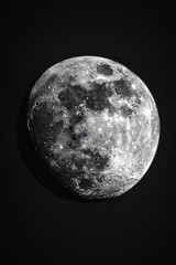  A black-and-white image of the moon taken from the ground, gazing upward into the night sky