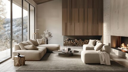 cozy living room interior, scandinavian interior with wooden table and fireplace