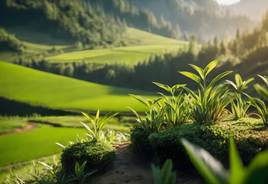 Lush Green Terraced Landscape with Young Plants in Sunlight