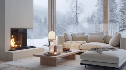 cozy living room interior, scandinavian interior with wooden table and fireplace