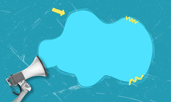 Contemporary Art Collage. Hand Holding Megaphone With Blue Speech Bubble on Teal Background