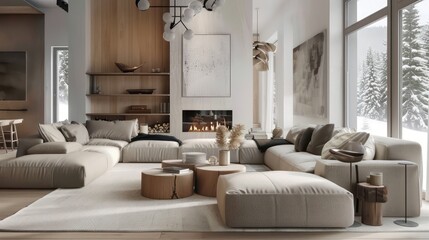 cozy living room interior, scandinavian interior with wooden table and fireplace