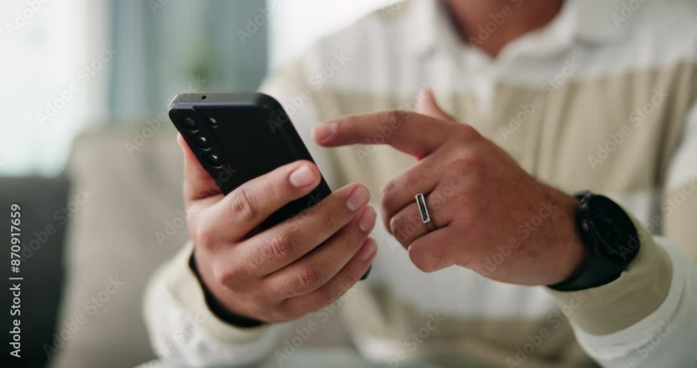 Poster man, hands and phone to scroll on dating app in home, research and social network for communication.