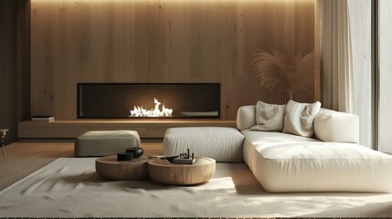 Fototapeta premium cozy living room interior, scandinavian interior with wooden table and fireplace