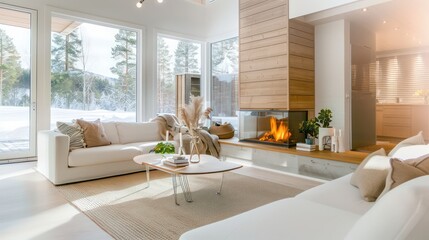 Fototapeta premium cozy living room interior, scandinavian interior with wooden table and fireplace