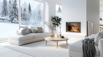 cozy living room interior, scandinavian interior with wooden table and fireplace