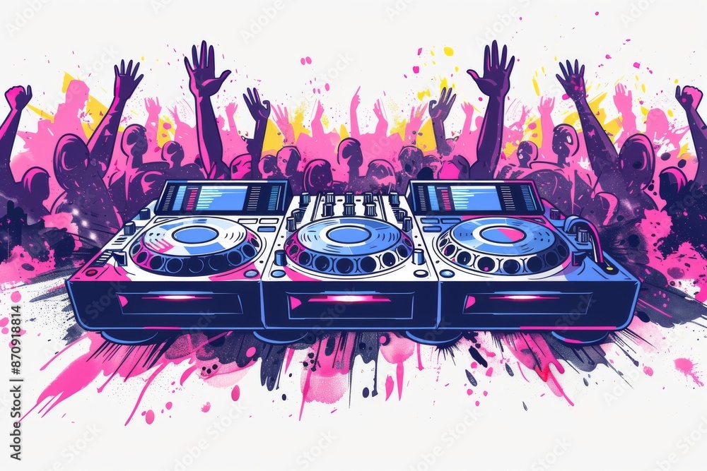 Poster abstract dj performance with vibrant splashes of color and energetic crowd creating a dynamic festiv