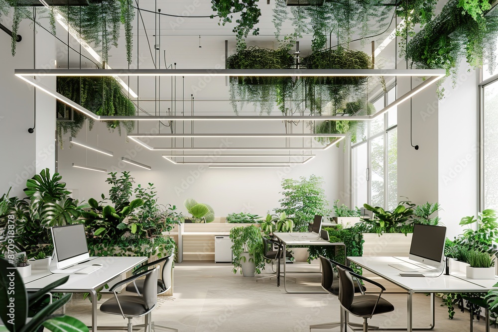 Poster 3d rendering of a modern office space with desks and chairs arranged in rows against a white brick w