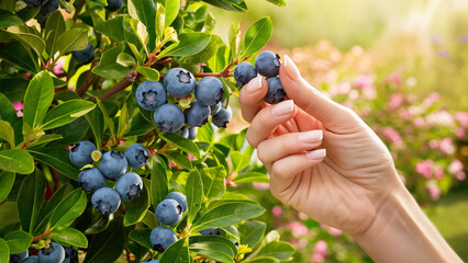 A Close Up of Hand plucking plump, blueberries from a lush, vibrant bush with deep green leaves. 