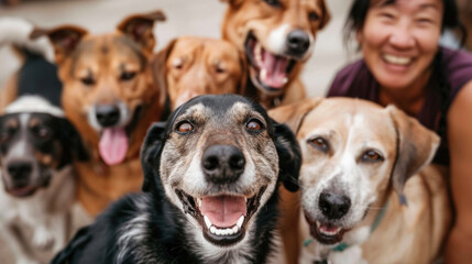 Vet with six dogs smiling joyfully at camera.
