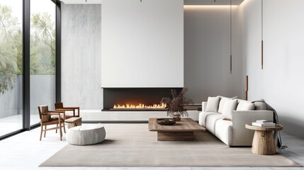 cozy living room interior, scandinavian interior with wooden table and fireplace