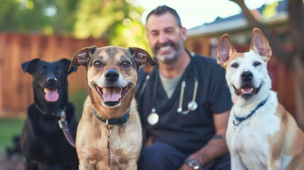 Vet with stethoscope and three dogs in backyard