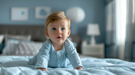 Fototapeta premium Baby Crawling on Bed.