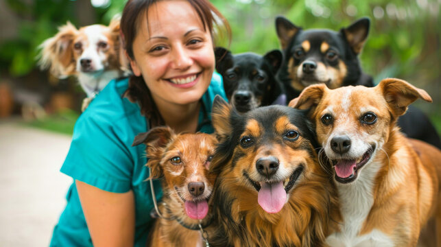 Smiling female vet with six happy dogs in a lush setting
