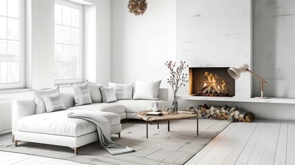 cozy living room interior, scandinavian interior with wooden table and fireplace