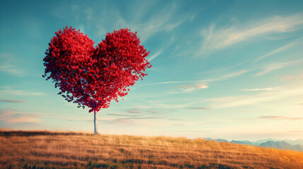Heart Shaped Tree In Field At Sunset.