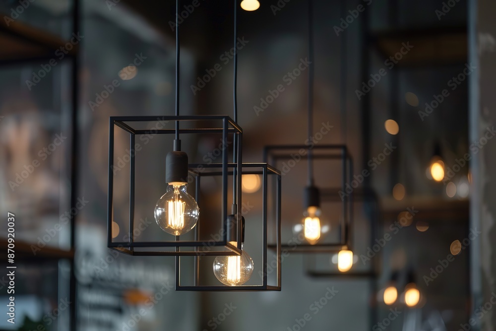 Poster a close-up shot of modern black cube pendant lights hanging from the ceiling, illuminated by light b