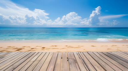 Fototapeta premium Wooden Deck Overlooking a Tropical Beach.