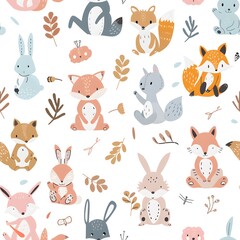 Obraz premium Cute Woodland Animals Seamless Pattern