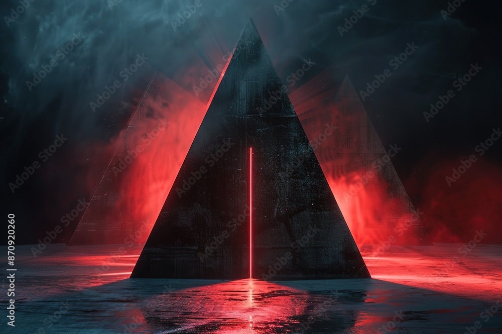 Poster dark background with red laser beams shining on the ground and illuminating an angular, triangular structure