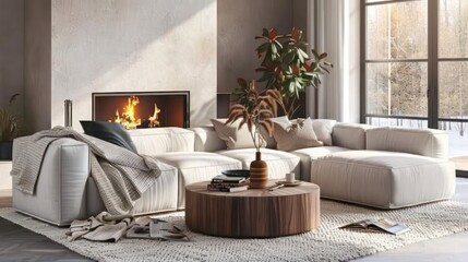 cozy living room interior, scandinavian interior with wooden table and fireplace