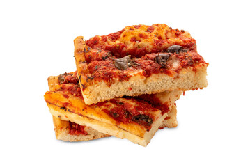 Pizza slices with tomato sauce and olives and oregano stacked and isolated