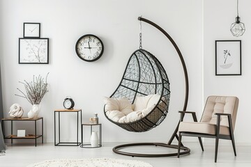 A hanging chair with a cushion and side tables in front of it, placed against the wall. The room is white with some black elements. There's an armchair