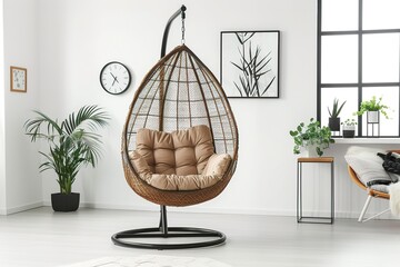 A hanging chair with a cushion and side tables in front of it, placed against the wall. The room is white with some black elements. There's an armchair