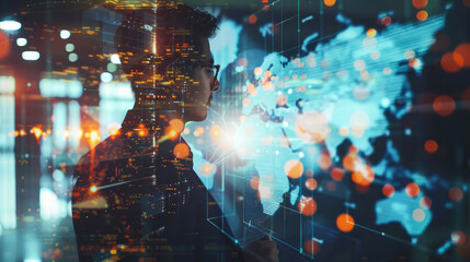 Fototapeta premium Man analyzing global data on a digital screen.