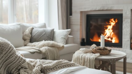 Fototapeta premium cozy scandinavian living room with fireplace