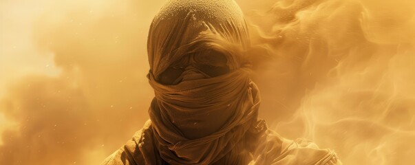Man in sandsuit braving an incoming desert sandstorm.