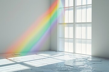 Organic drop diagonal shadow and ray of light with rainbow from window on a white wall. ai generative