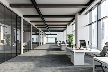 Obraz premium A large open concept dining room with white cabinets, light wood floors and chairs around an oval table in the center of the space, a modern style chandelier