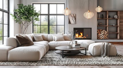 cozy scandinavian living room with fireplace