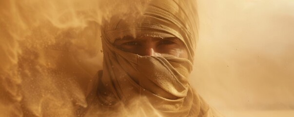 Man in sandsuit braving an incoming desert sandstorm.