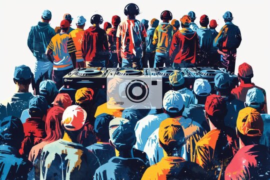 DJ performing at a vibrant outdoor festival with colorful lights and a large enthusiastic crowd