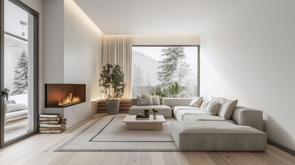 Fototapeta premium cozy scandinavian living room with fireplace