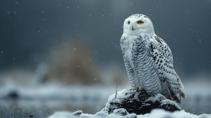 A snowy owl perched on a branch in a wintry landscape, its white feathers blending with the snow.